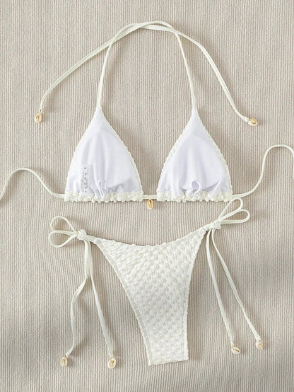 Textured Triangle Bikini with Padded Bra in Shell Details