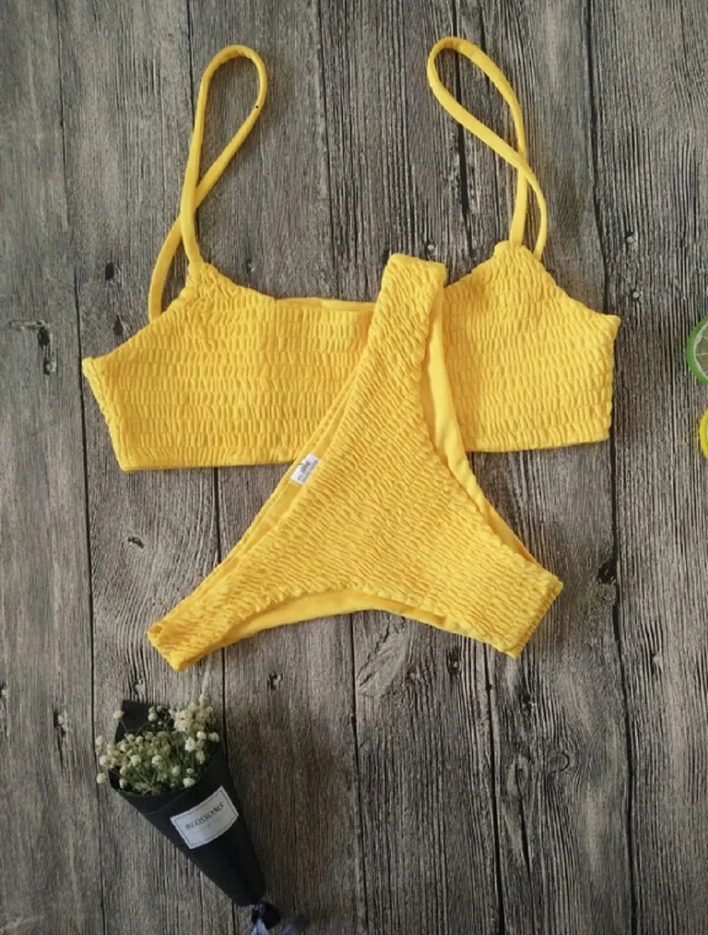 Swimwear- Textured Waffle 2-Piece Swim Set - Top & Low-Waist Bikini for Women- Yellow- IndioGear Fashion and Gear