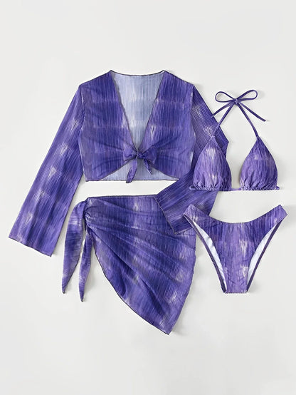 Tropical 4-Piece Beachwear Set with Padded Triangle Bra and Cover-Ups