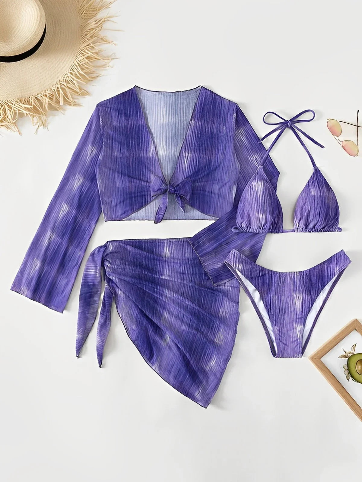 Tropical 4-Piece Beachwear Set with Padded Triangle Bra and Cover-Ups