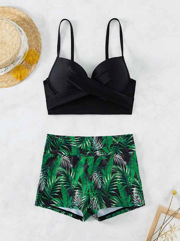 Swimwear- Tropical Color Block 2-Piece Beach Bikini with High-Waisted Shorts- - IndioGear Fashion and Gear