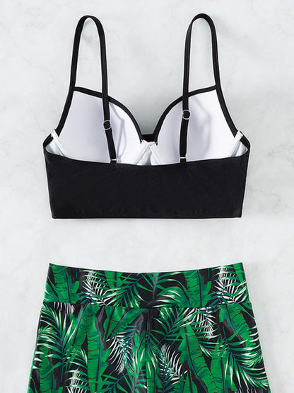 Swimwear- Tropical Color Block 2-Piece Beach Bikini with High-Waisted Shorts- - IndioGear Fashion and Gear