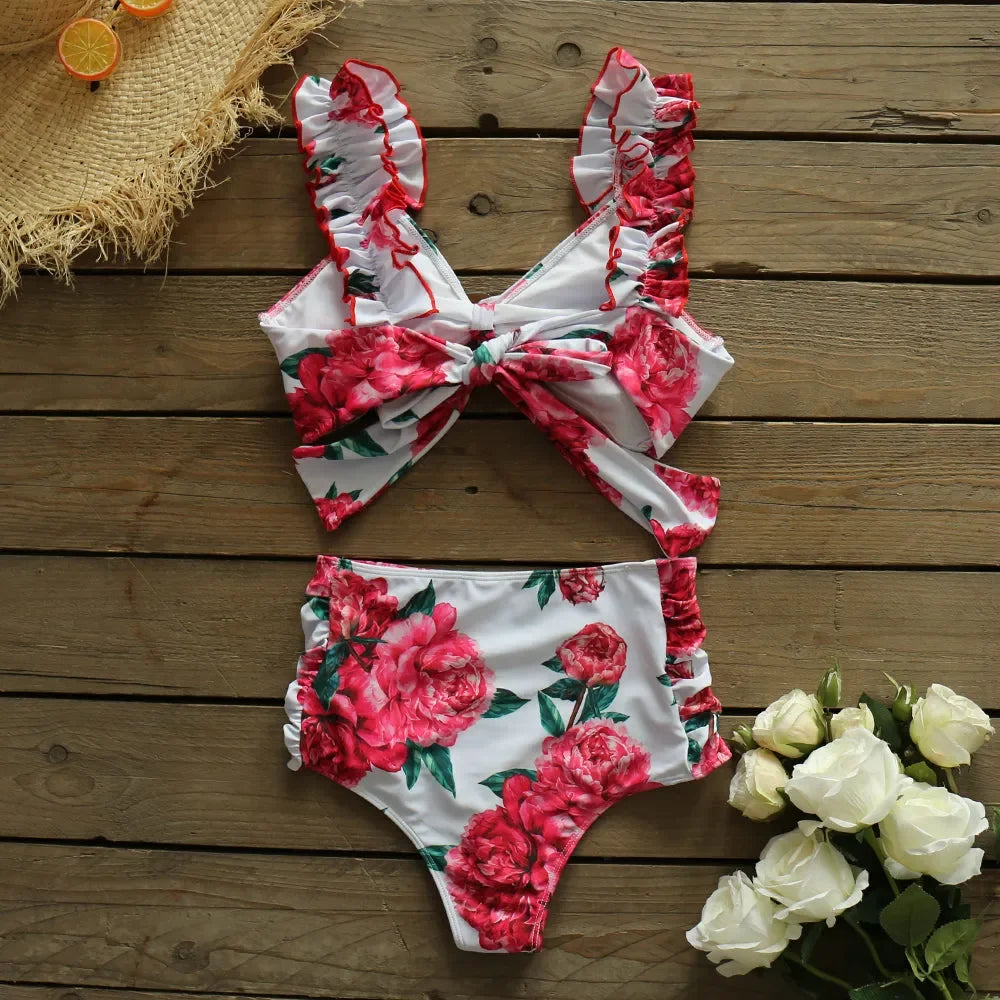 Swimwear- Floral Print Bikini Set with High-Waist Bottoms- Pink- IndioGear.com