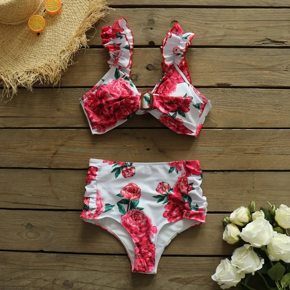 Swimwear- Floral Print Bikini Set with High-Waist Bottoms- - IndioGear.com