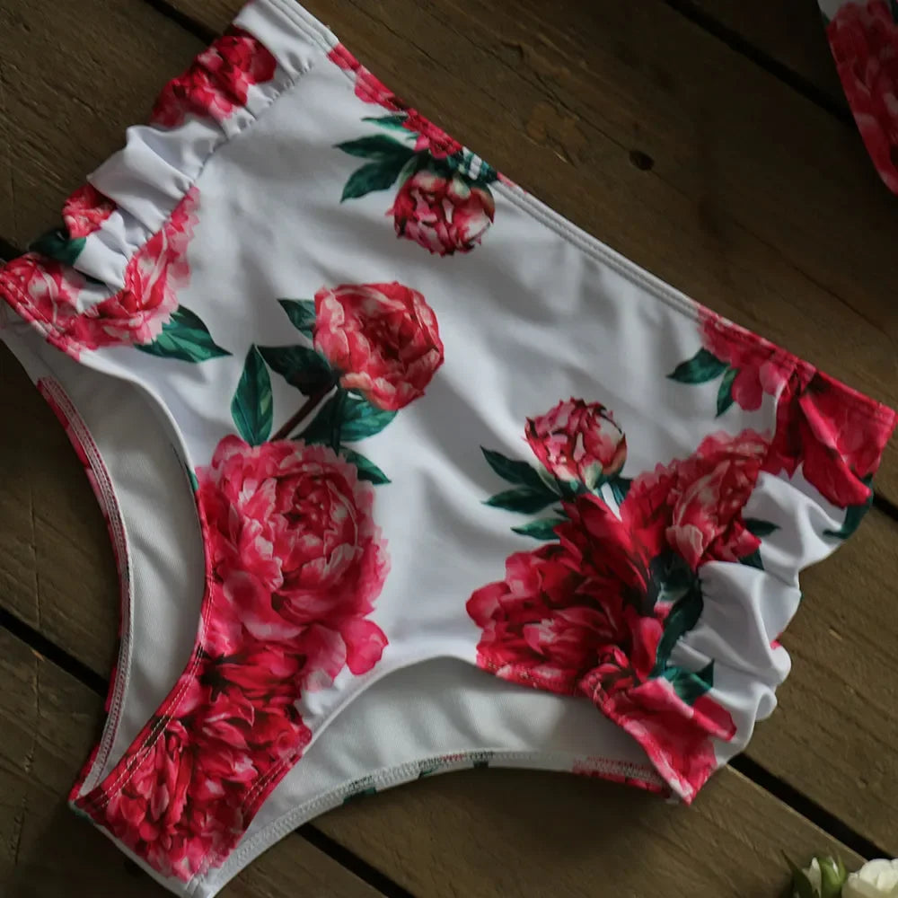 Swimwear- Floral Print Bikini Set with High-Waist Bottoms- - IndioGear.com