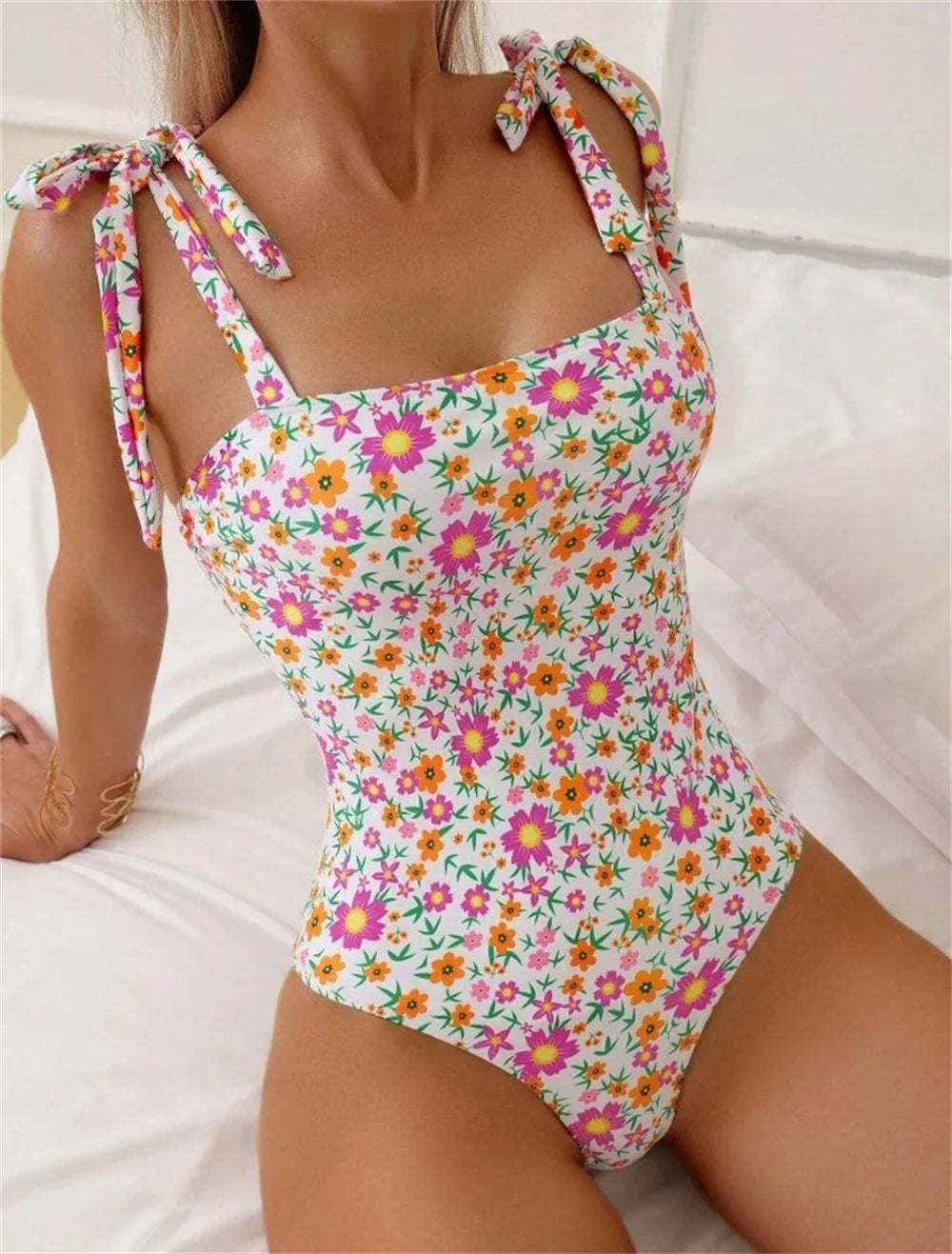 Swimwear- Tropical Flower One-Piece Swimsuit for Poolside Lounging- - IndioGear.com