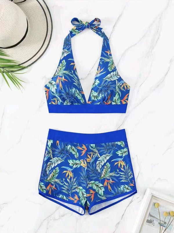 Swimwear- Tropical Halter Swimwear Set Belly Coverage Boyshorts- - IndioGear Women Clothing