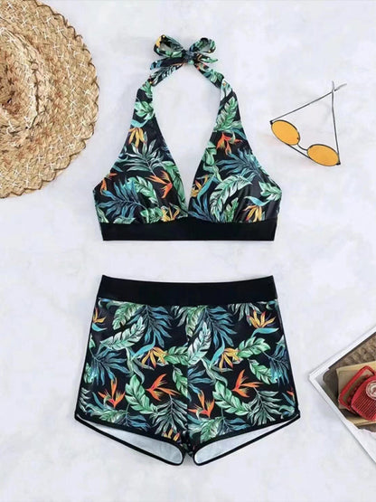 Swimwear- Tropical Halter Swimwear Set Belly Coverage Boyshorts- - IndioGear Women Clothing