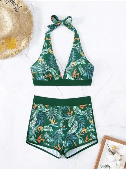 Swimwear- Tropical Halter Swimwear Set Belly Coverage Boyshorts- - IndioGear Women Clothing