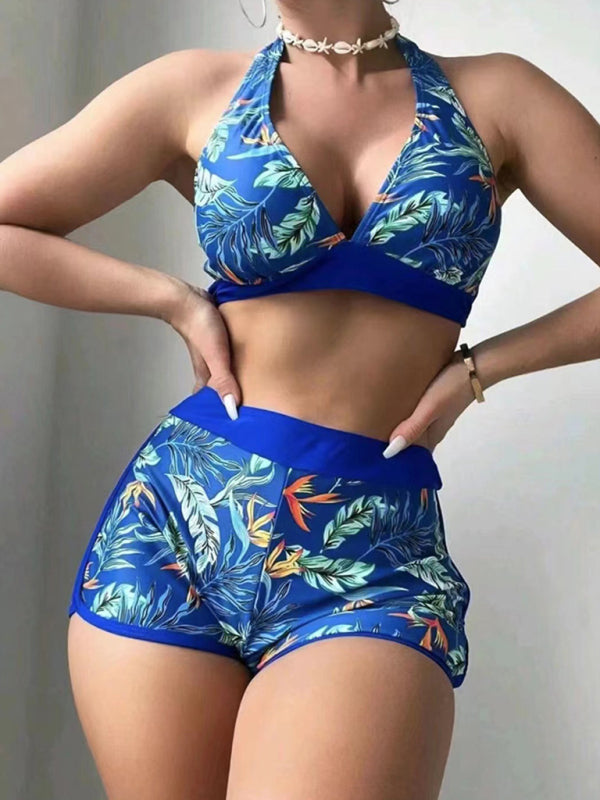 Swimwear- Tropical Halter Swimwear Set Belly Coverage Boyshorts- Blue- IndioGear Women Clothing