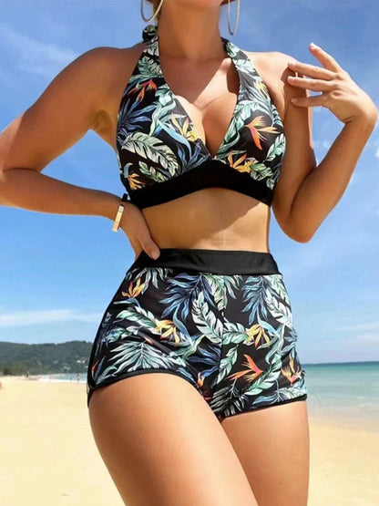 Swimwear- Tropical Halter Swimwear Set Belly Coverage Boyshorts- Black- IndioGear Women Clothing