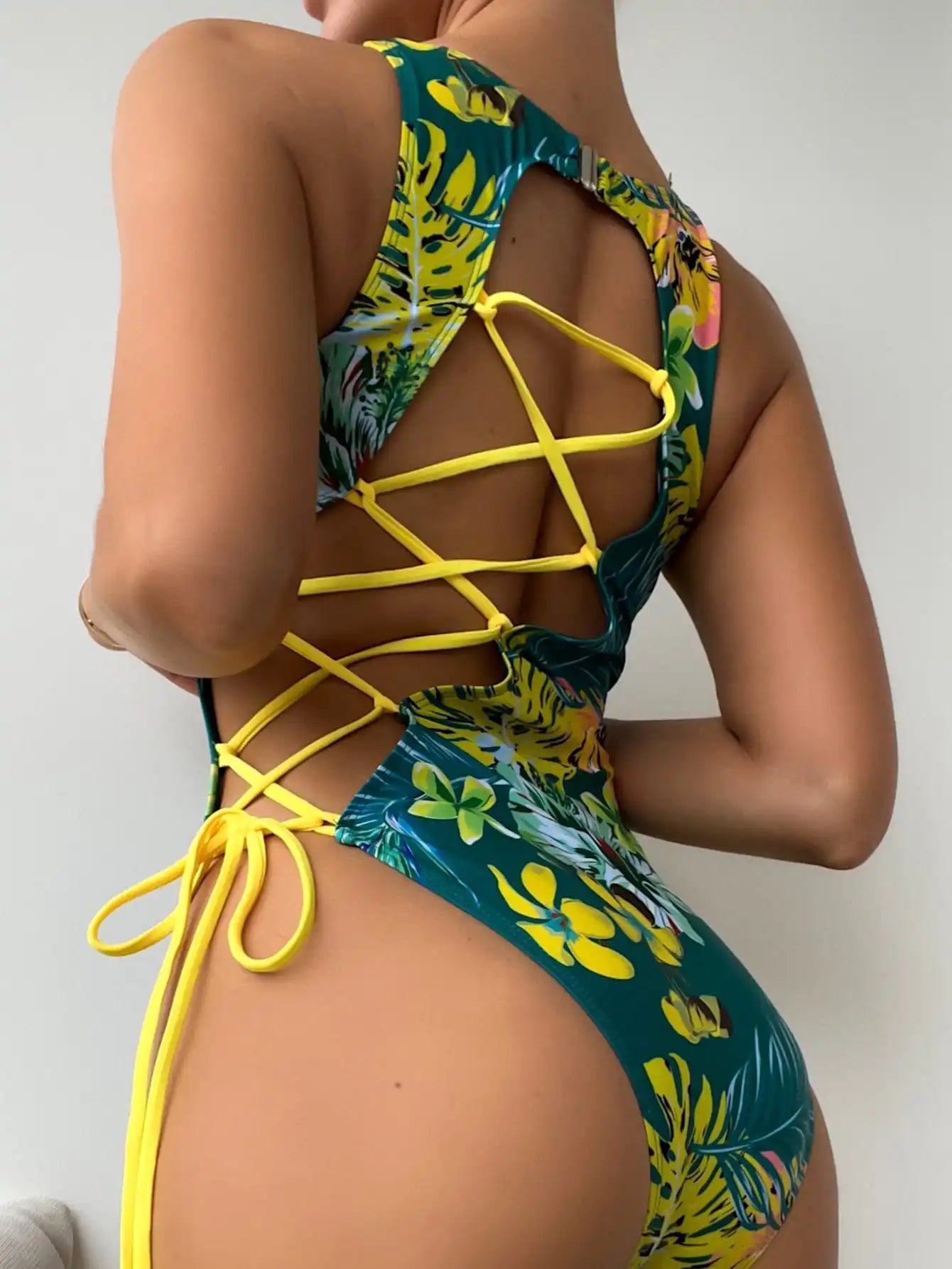 Swimwear- Tropical Paradise Women's Asymmetric Lace-Up Back One-Piece Swimwear- - IndioGear Fashion and Gear