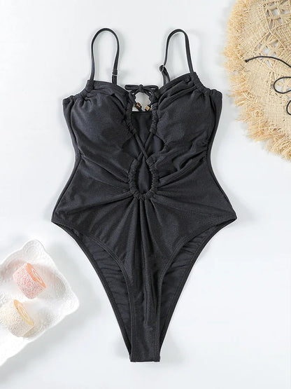 Swimwear- Tummy Control Cutout Glossy One-Piece Swimsuit for Beach- - IndioGear.com