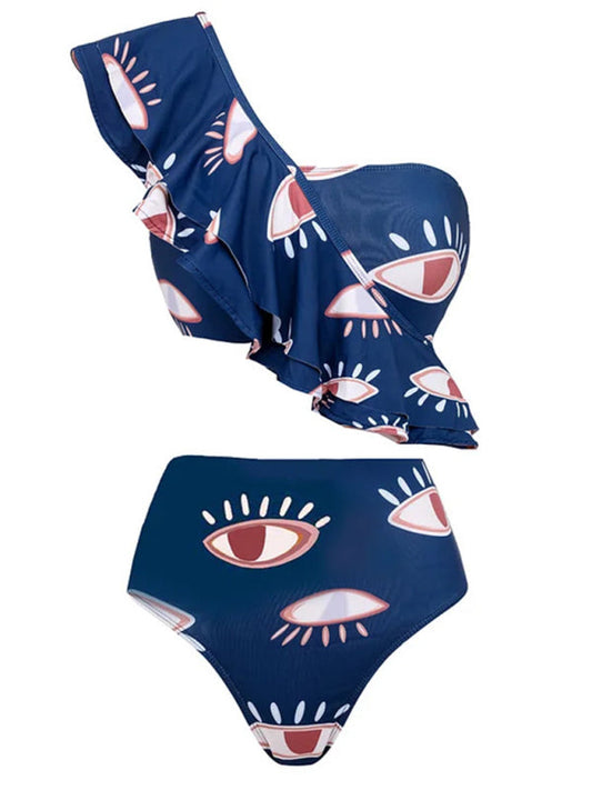 Swimwear- Tummy Control Ruffle Blue One-Piece Swimsuit in Eye Print- Blue- IndioGear Fashion and Gear