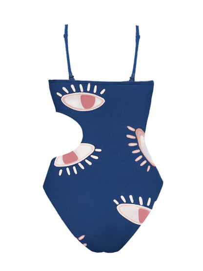 Swimwear- Tummy Control Ruffle Blue One-Piece Swimsuit in Eye Print- - IndioGear Fashion and Gear