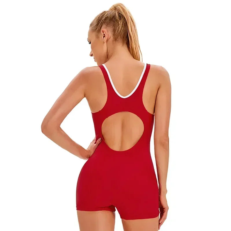 Swimwear- Vibrant Contrast Sporty One-Piece Romper Swimwear- - IndioGear Fashion and Gear