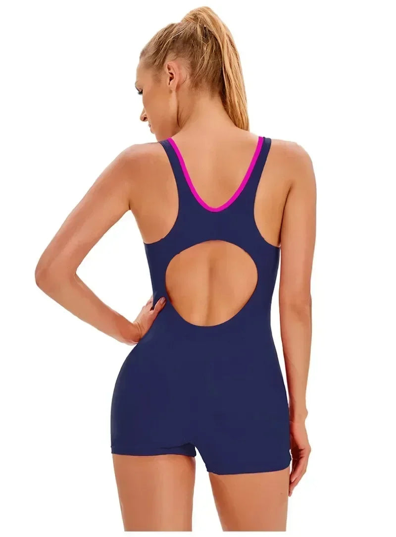 Swimwear- Vibrant Contrast Sporty One-Piece Romper Swimwear- - IndioGear Fashion and Gear