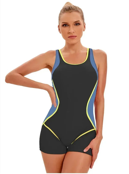 Swimwear- Vibrant Contrast Sporty One-Piece Romper Swimwear- - IndioGear Fashion and Gear