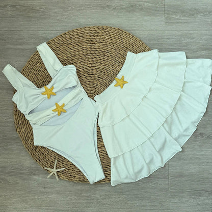 Swimwear- Minimalist White Swimsuit with Skirt Detail- - IndioGear