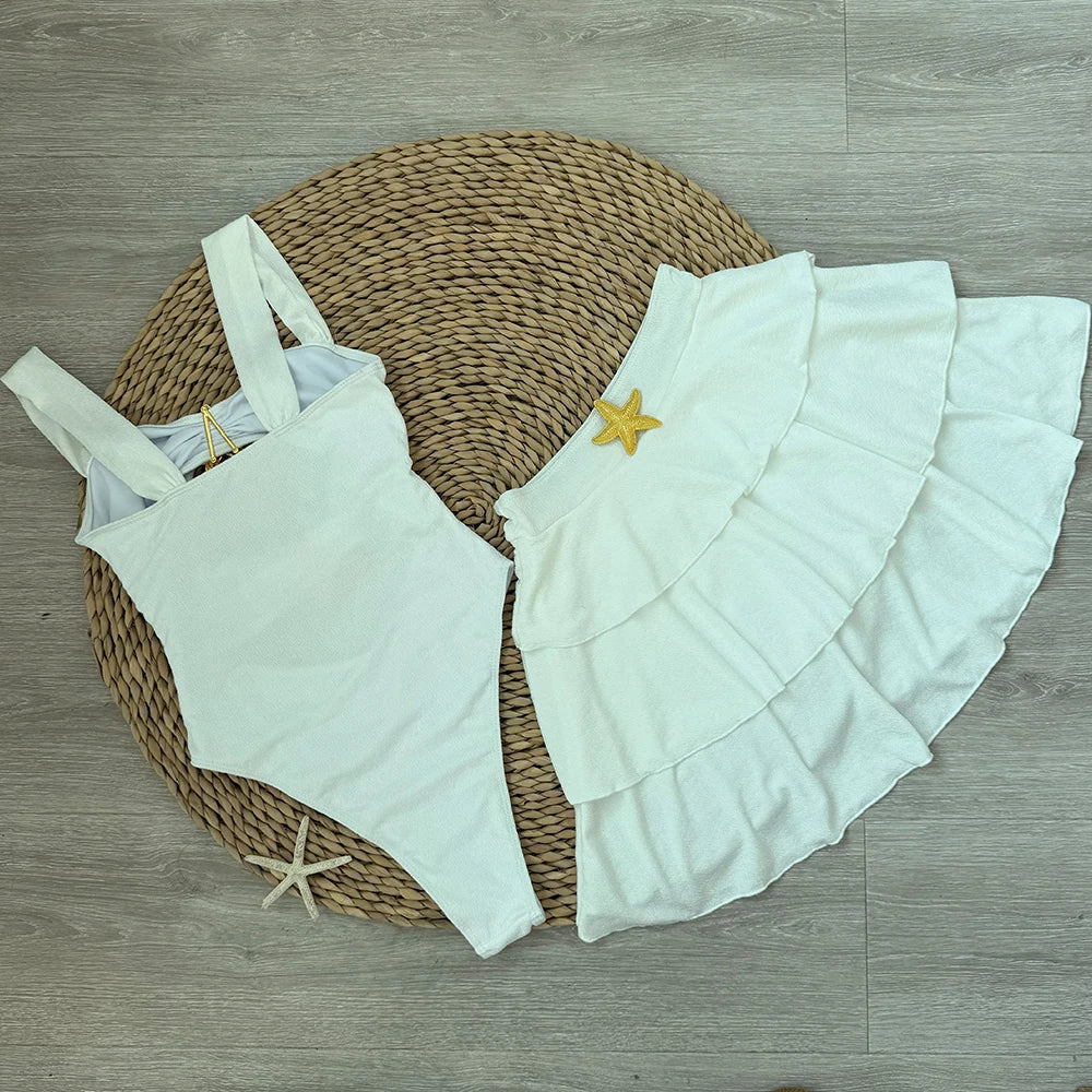 Swimwear- Minimalist White Swimsuit with Skirt Detail- - IndioGear