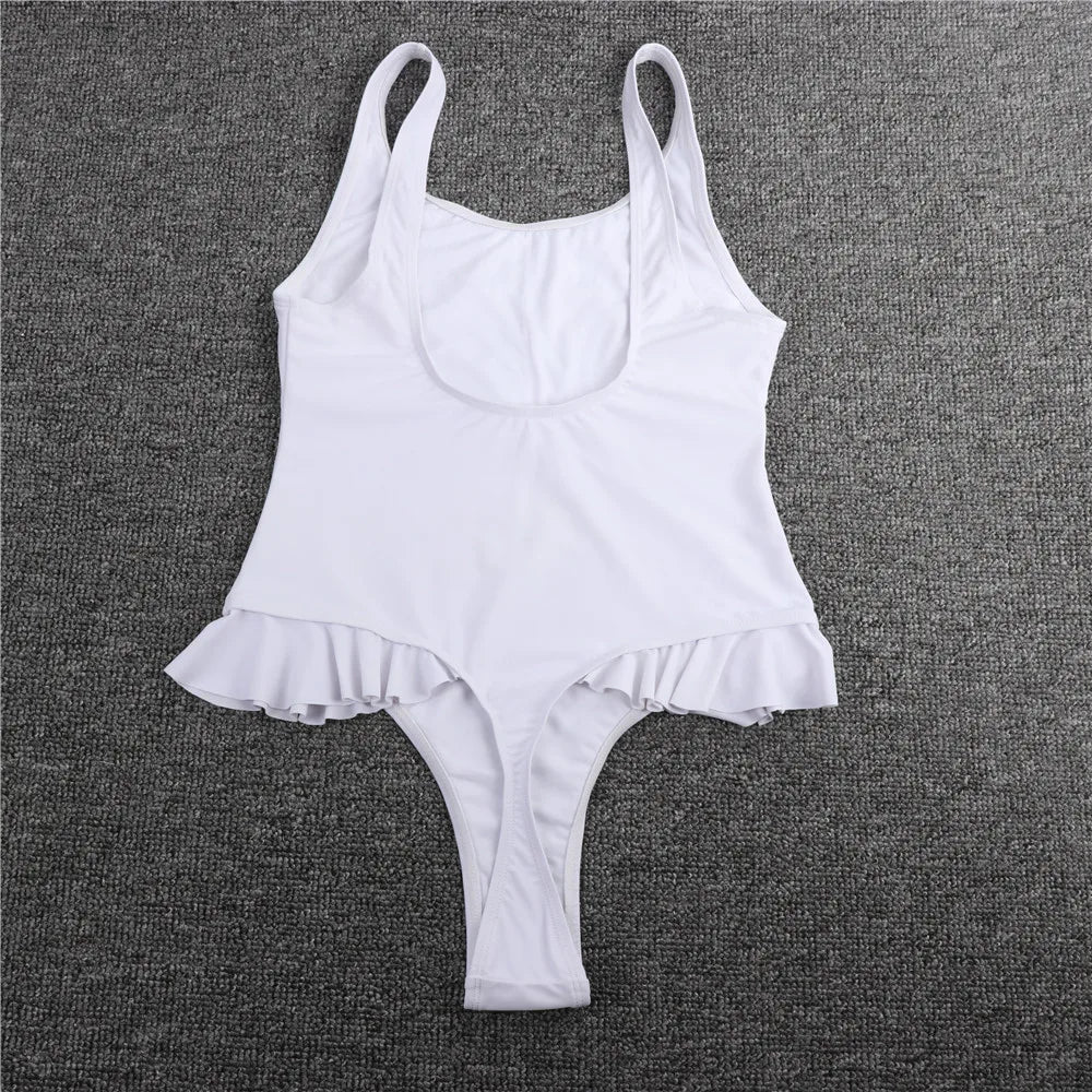 Swimwear- White Ruffle Swimsuit - One Piece Brazilian Bathing Suit- - IndioGear