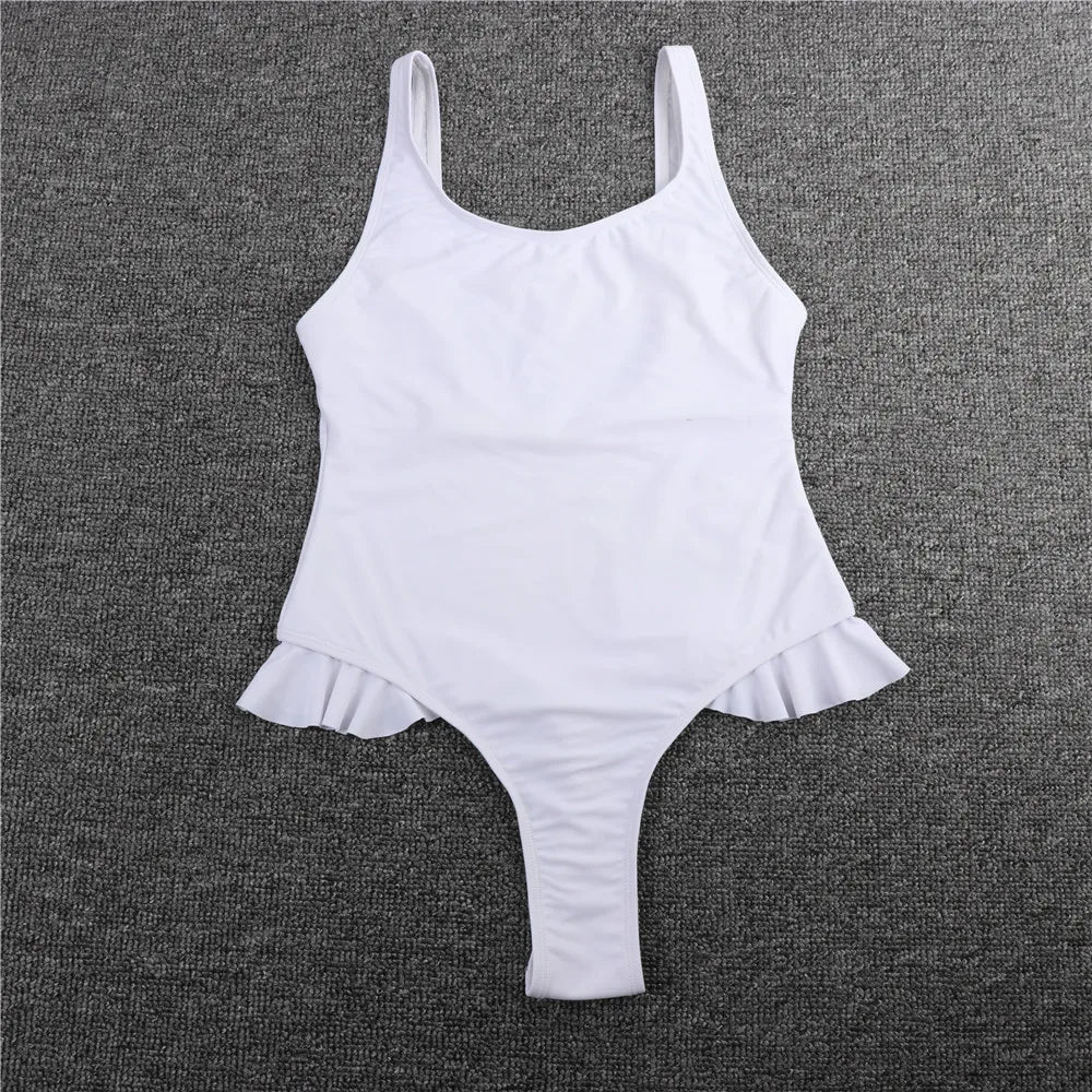 Swimwear- White Ruffle Swimsuit - One Piece Brazilian Bathing Suit- - IndioGear