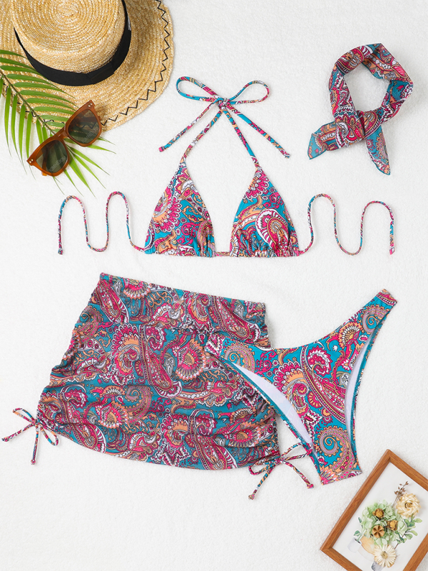 Swimwear- Women 4-Piece Paisley Swimwear - Bikini Set with Cover-Up & Bandana- - IndioGear.com