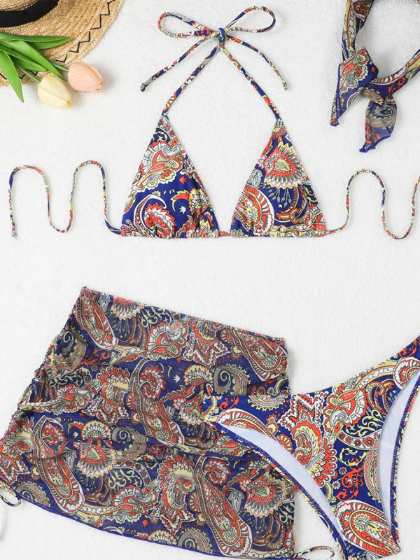 Swimwear- Women 4-Piece Paisley Swimwear - Bikini Set with Cover-Up & Bandana- - IndioGear.com