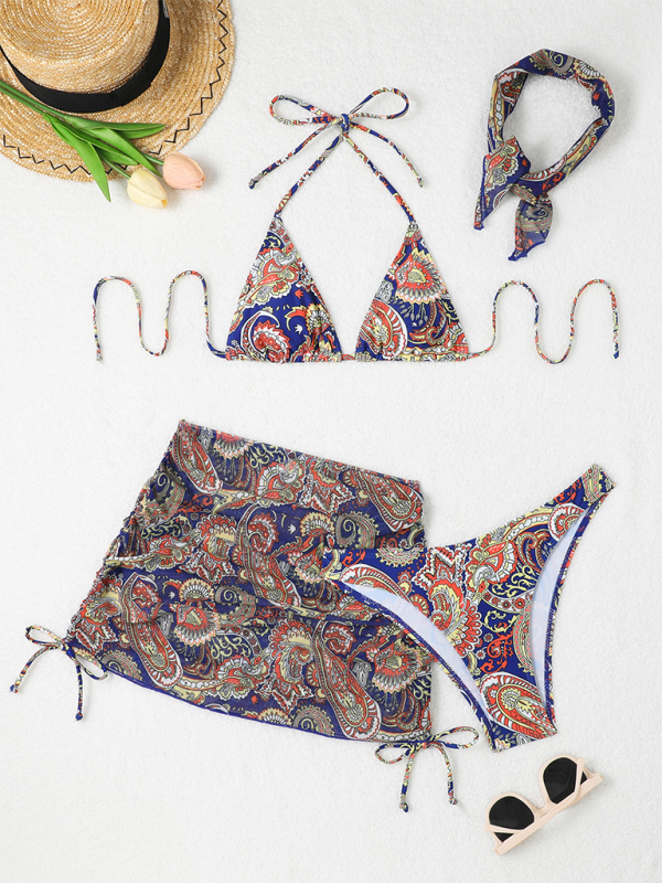 Swimwear- Women 4-Piece Paisley Swimwear - Bikini Set with Cover-Up & Bandana- - IndioGear.com