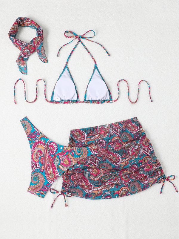 Swimwear- Women 4-Piece Paisley Swimwear - Bikini Set with Cover-Up & Bandana- - IndioGear.com