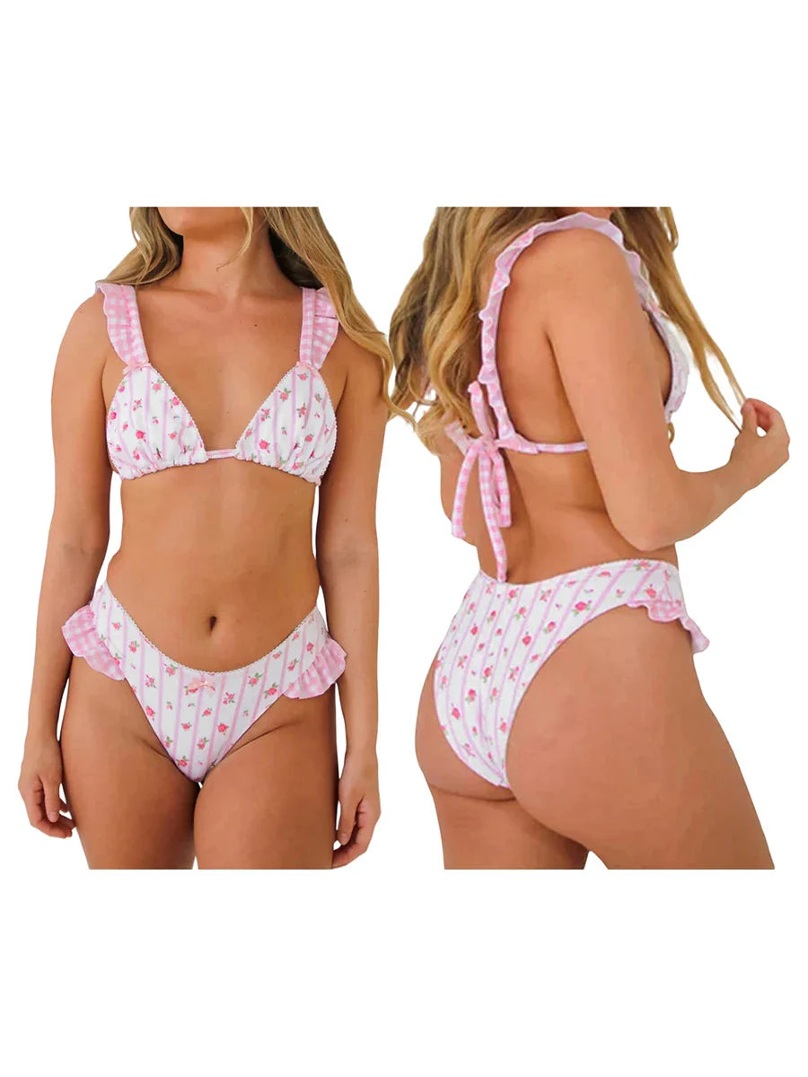 2-teiliges Bikini-Set für Damen mit Blumenmuster und Rüschen und Triangel-BH