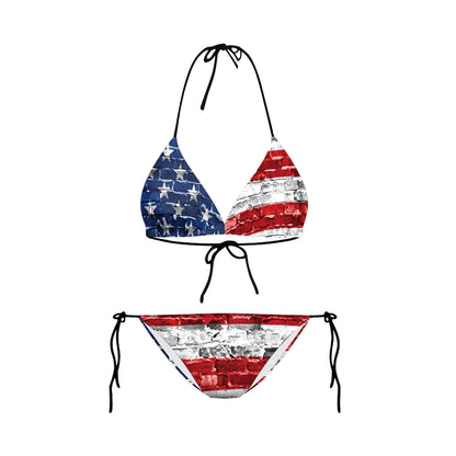 Swimwear- Women Patriotic 2 Piece String Swimwear for Every U.S. Holiday & July 4th- Wash Blue Print- IndioGear Fashion and Gear