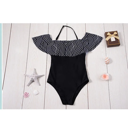 Women Ruffle One-Piece Off-Shoulder Swimsuit in Geometric Black