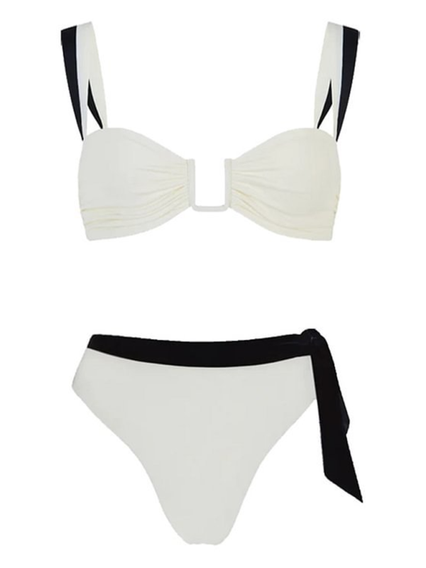 Swimwear- Women's 2 Piece Contrast Binding Knot-Side Bikini Set with Ruched Bra- - IndioGear.com