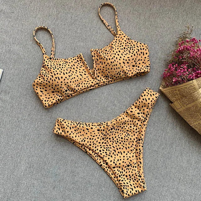 Swimwear- Women's Animal Print Swimwear V-Neck Bra & Bikini- Leopard Print- IndioGear.com