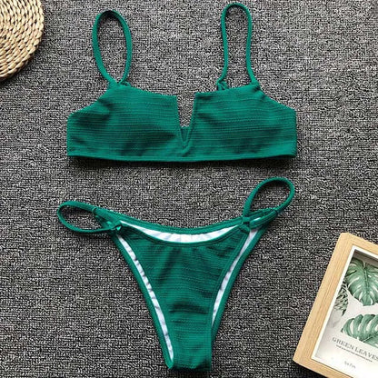 Swimwear- Women's Animal Print Swimwear V-Neck Bra & Bikini- Green- IndioGear.com