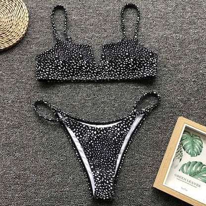 Swimwear- Women's Animal Print Swimwear V-Neck Bra & Bikini- Black- IndioGear.com