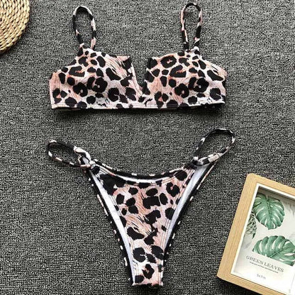 Swimwear- Women's Animal Print Swimwear V-Neck Bra & Bikini- Pink Leopard Print- IndioGear.com