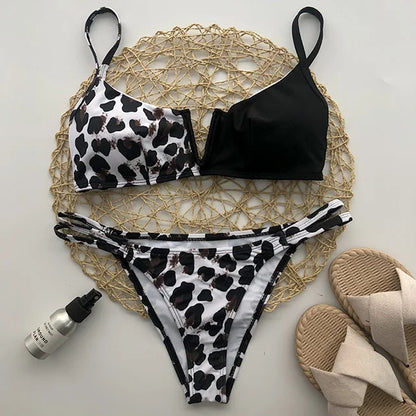 Swimwear- Women's Animal Print Swimwear V-Neck Bra & Bikini- Black Leopard Print- IndioGear.com