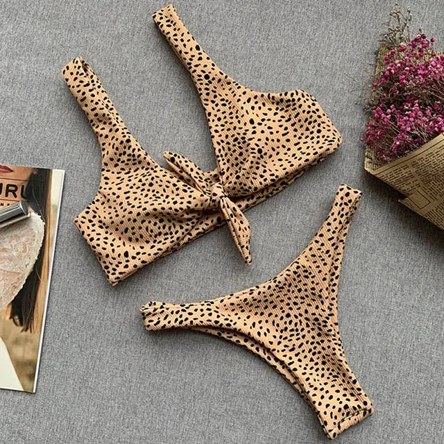 Swimwear- Women's Animal Print Swimwear V-Neck Bra & Bikini- Khaki Leopard Print- IndioGear.com