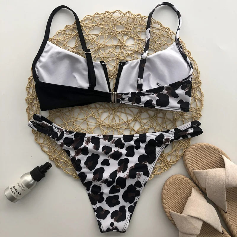 Swimwear- Women's Animal Print Swimwear V-Neck Bra & Bikini- - IndioGear.com