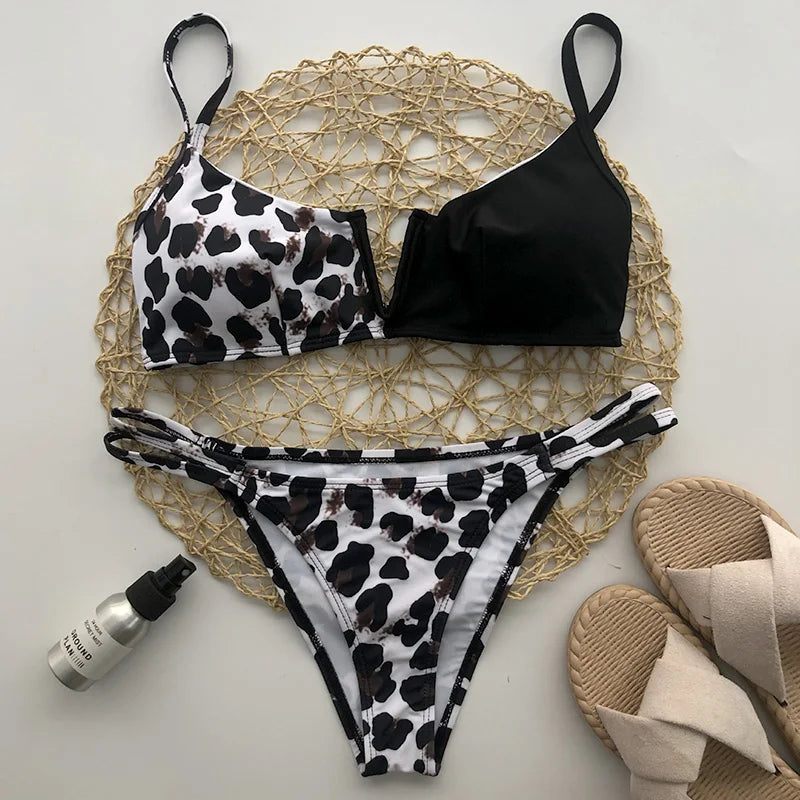 Swimwear- Women's Animal Print Swimwear V-Neck Bra & Bikini- - IndioGear.com