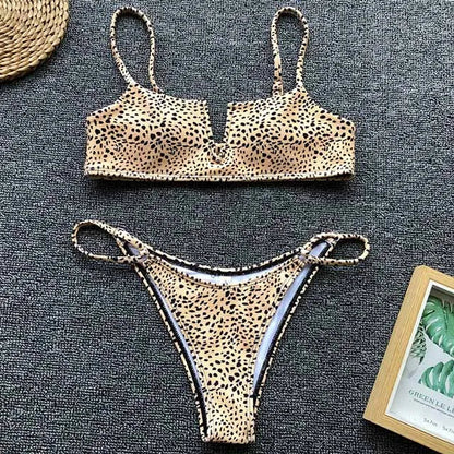 Swimwear- Women's Animal Print Swimwear V-Neck Bra & Bikini- Leopard Print 2- IndioGear.com