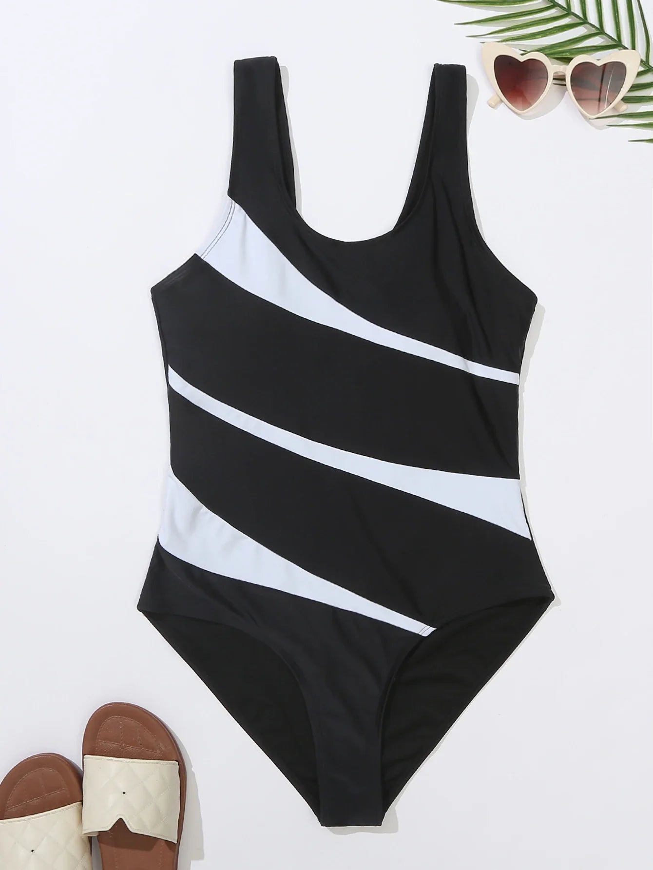 Swimwear- Women's Asymmetric Contrast One-Piece Swimsuit with Wire-Free Support- - IndioGear Fashion and Gear