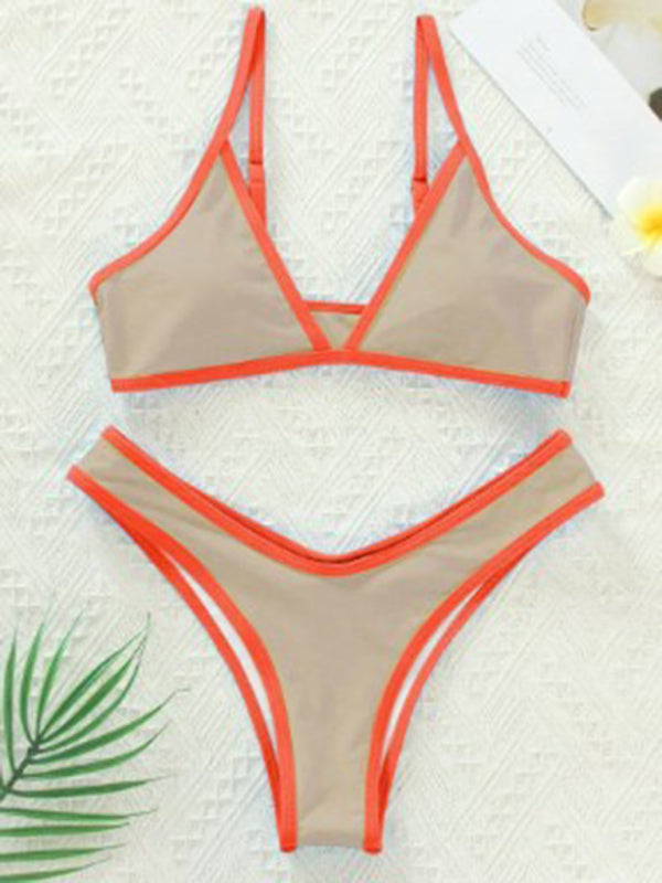 Swimwear- Women's Bikini & Triangle Bra Swimsuit Set in Contrast Binding- - IndioGear Fashion and Gear