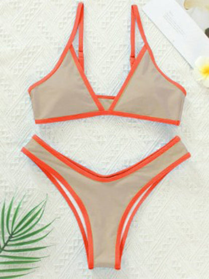 Swimwear- Women's Bikini & Triangle Bra Swimsuit Set in Contrast Binding- - IndioGear Fashion and Gear