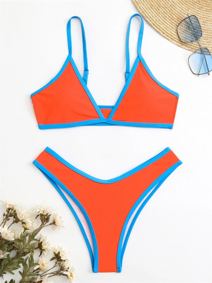 Swimwear- Women's Bikini & Triangle Bra Swimsuit Set in Contrast Binding- - IndioGear Fashion and Gear