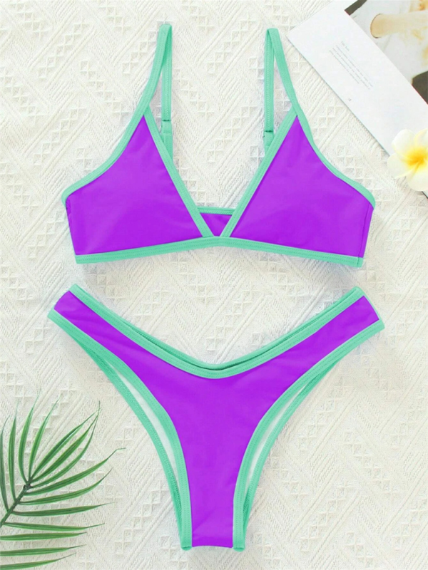 Swimwear- Women's Bikini & Triangle Bra Swimsuit Set in Contrast Binding- - IndioGear Fashion and Gear