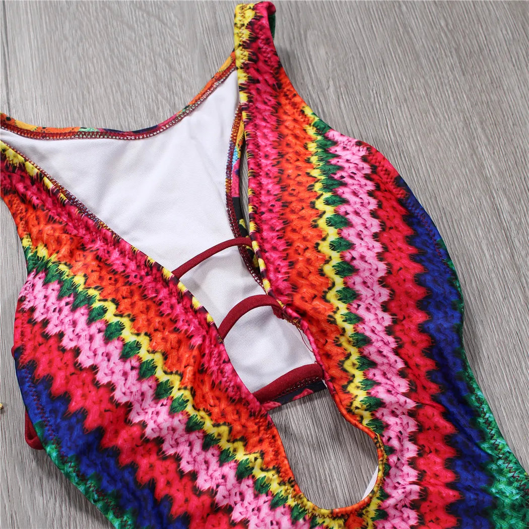 Swimwear- Women's Cutout Monokini with Colorful Print - Rainbow One-Piece Swimsuit- - IndioGear Fashion and Gear