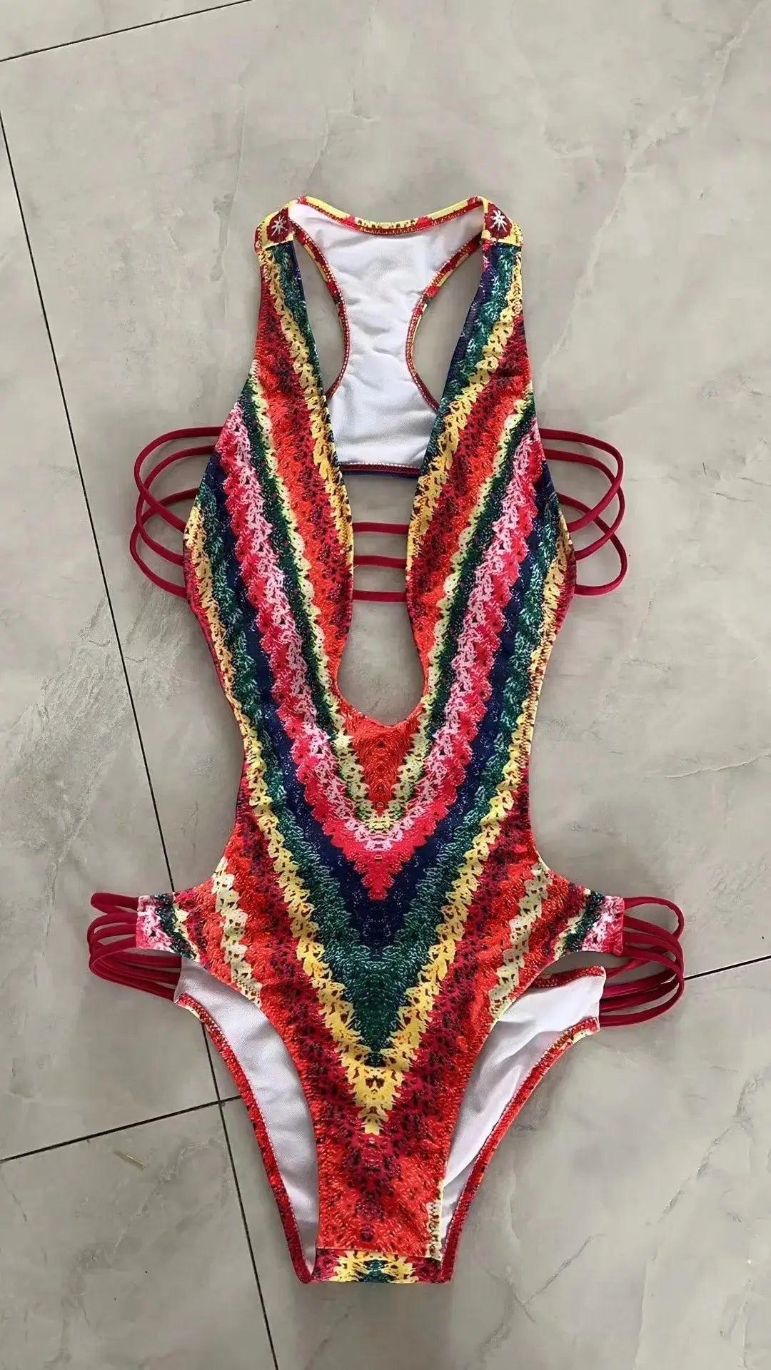 Swimwear- Women's Cutout Monokini with Colorful Print - Rainbow One-Piece Swimsuit- - IndioGear Fashion and Gear